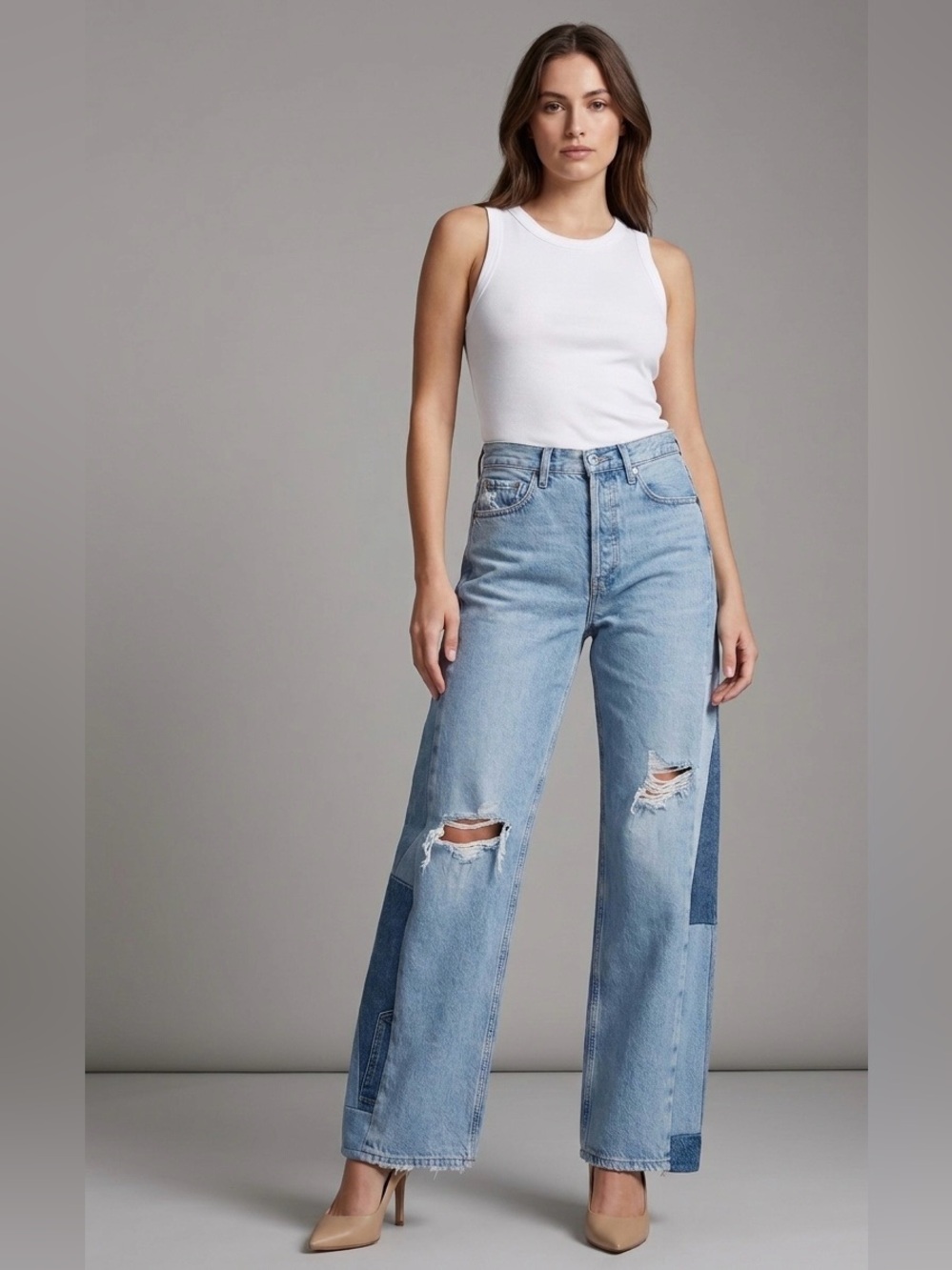 Agolde Light Blue Patchwork Wide Leg Jeans upcycled
